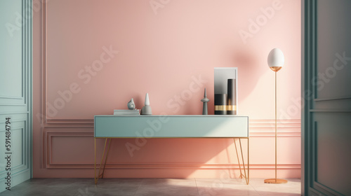 decoración minimalista en tonos rosa y verde pastel.Moderna consola con ojetos decorativos. Ilustración de IA Generativa 