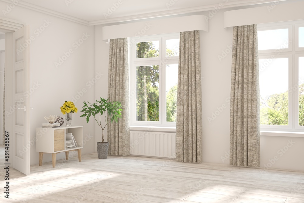 Fototapeta premium White empty room with summer landscape in window. Scandinavian interior design. 3D illustration