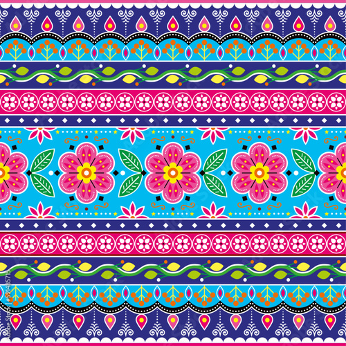 Indian and Pakistani truck art repetitive design, Jingle trucks seamless vector pattern, colorful floral decoration on blue background
 