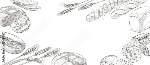Set of vector loaf of bread. French baguette. Slices and crumbs. Rye rounde rustic bread or whole grain baked bread. Logo, icon. Sketch realistic line vintage illustration