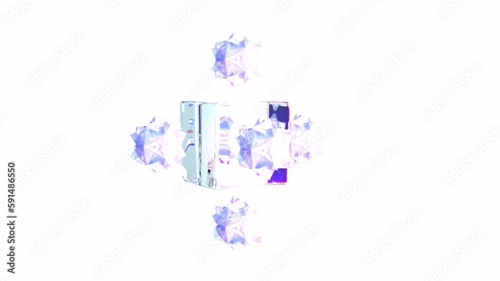 A glass cube with glass stars rotates around its axis on a transparent intro able to loop seamless 4k A glass cube with glass stars rotates around its axis on a transparent intro able to loop seamless 4k