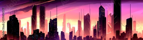 futuristic city skyline in magenta sunset hues