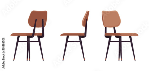 Comfortable family leisure brown chair set. Kitchen, dining room, commercial, living space. Vector flat style cartoon home, office furniture articles isolated, white background front, side, rear view