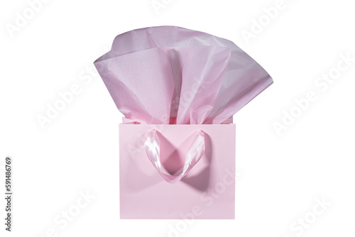 Craft paper gift bag with tissue paper isolated on a white background