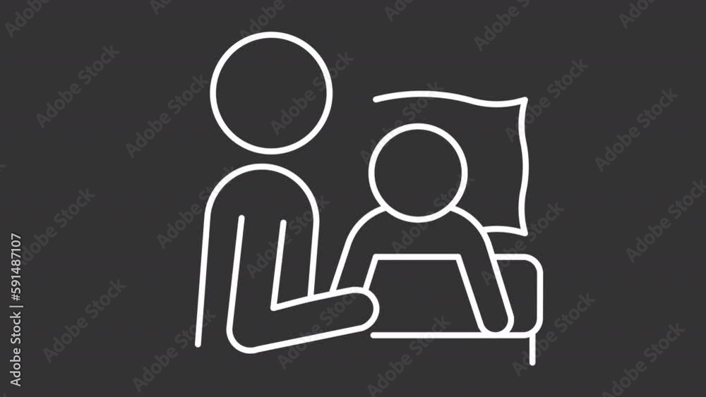 Sick child white line animation. Worried mom looking after ill toddler. Loop HD video with chroma key, alpha channel on transparent background, black solid background. Animated outline icon Sick child white line animation. Worried mom looking after ill toddler. Loop HD video with chroma key, alpha channel on transparent background, black solid background. Animated outline icon