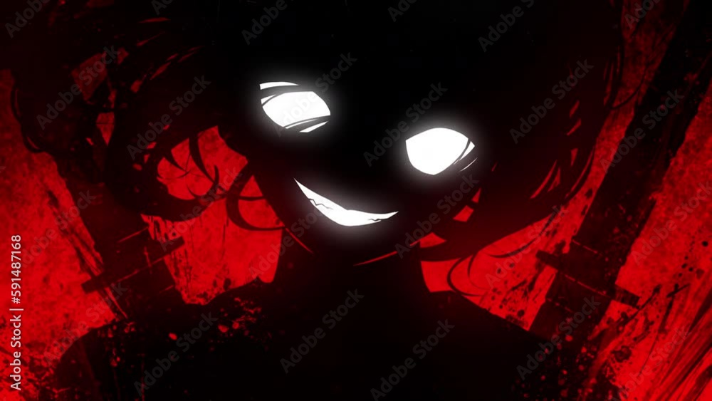 A sinister girl in the anime style smiles maliciously with fanged white teeth, her huge eyes glow in the dark, she has two katanas behind her back, on a blood background clean looped. 2d animated art