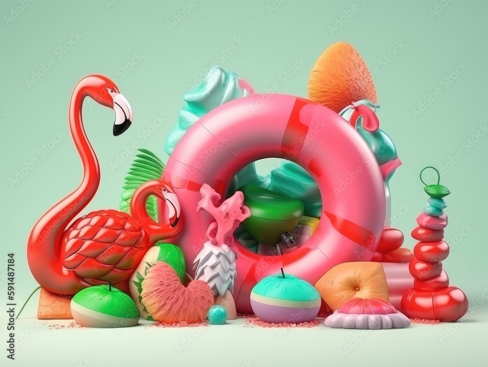 3D summer colorful artwork with tropical fruits and ice cream. Generative AI