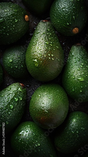 Fresh Avocado Seamless Background with Glistening Droplets of Water - Top Down View  Generative AI