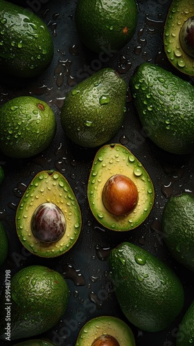 Fresh Avocado Seamless Background with Glistening Droplets of Water - Top Down View  Generative AI