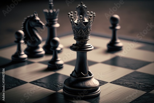 Billede på lærred Chess strategy concept, close-up of king on chessboard, AI generated