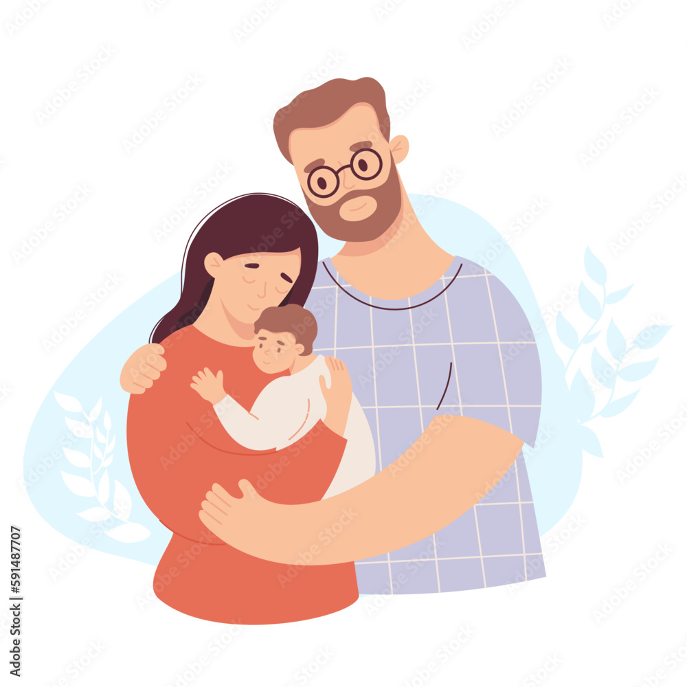 Happy family with baby. Cute adult couple in age with child. Vector illustration in flat style Happy family with baby. Cute adult couple in age with child. Vector illustration in flat style