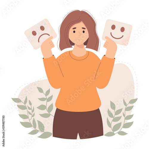 Covering emotions, searching identity. Cute woman trying on masks with happy or sad expressions. Vector illustration in flat cartoon style. Psychology, mood changes, personality concept
