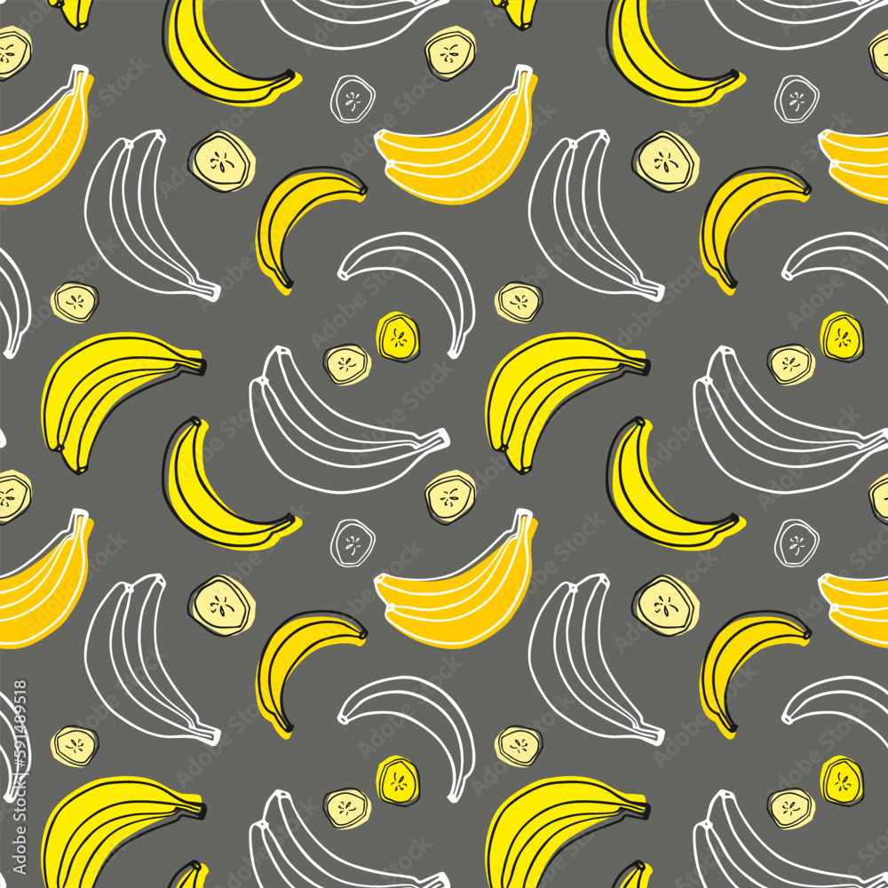 Seamless vector pattern with bananas on a gray background. Doodle fruits. Cartoon design.