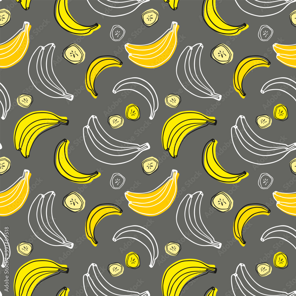 Seamless vector pattern with bananas on a gray background. Doodle fruits. Cartoon design. Seamless vector pattern with bananas on a gray background. Doodle fruits. Cartoon design.