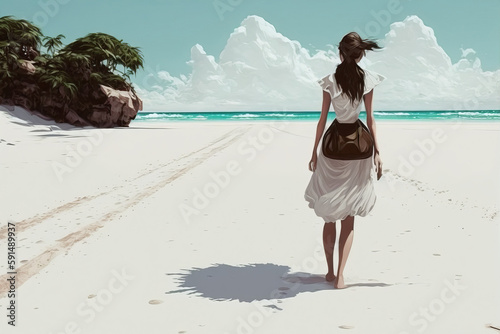 A beautiful girl is walking on the white sand of a tropical island.Sea vacation. Rear view of young woman walking away on beautiful tropical white sand beach. Generative AI photo