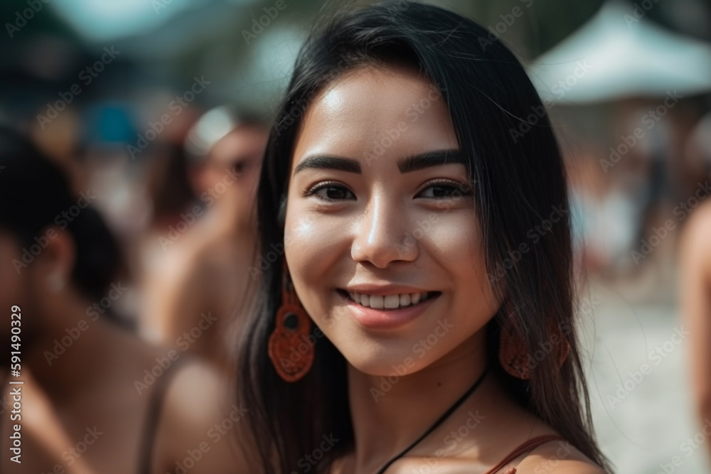 young girl teenager at the sandy beach, local woman or tourist on sandy beach with many other tourists, happy joyful and satisfied face expression. Generative AI