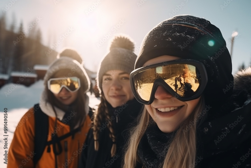 smile young adult people with snow in the winter making winter sports like snowboarding and skiing. Generative AI