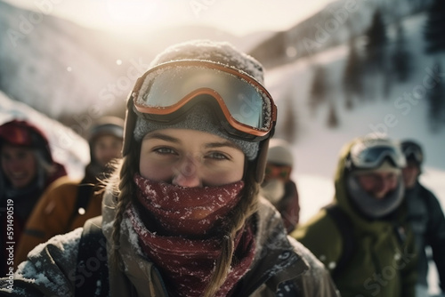 smile young adult people with snow in the winter making winter sports like snowboarding and skiing. Generative AI