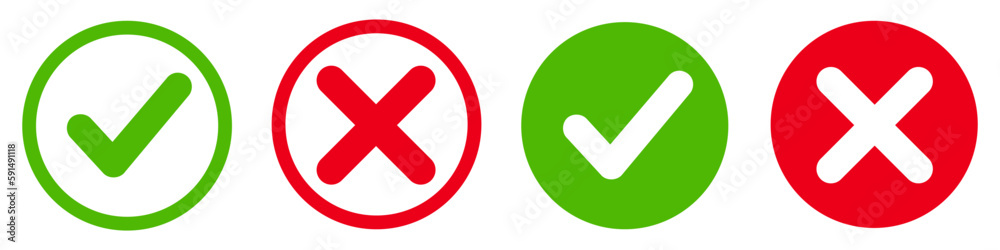Set green approval check mark and red cross icons in circle and square, checklist signs, flat checkmark approval badge, isolated tick symbols - obrazy, fototapety, plakaty 