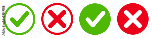 Photographie Set green approval check mark and red cross icons in circle and square, checklis