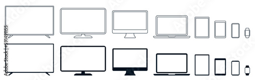 Set technology line devices icon: TV monitor, computer, laptop, tablet, smartphone, watch icons. Outline mockup electronics devices monitor lines simple isolated - for stock