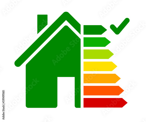 Energy efficient house concept with classification graph sign, home energy efficiency rating isolated, smart eco house certification system, good ecological and bio energetic rating – for stock
