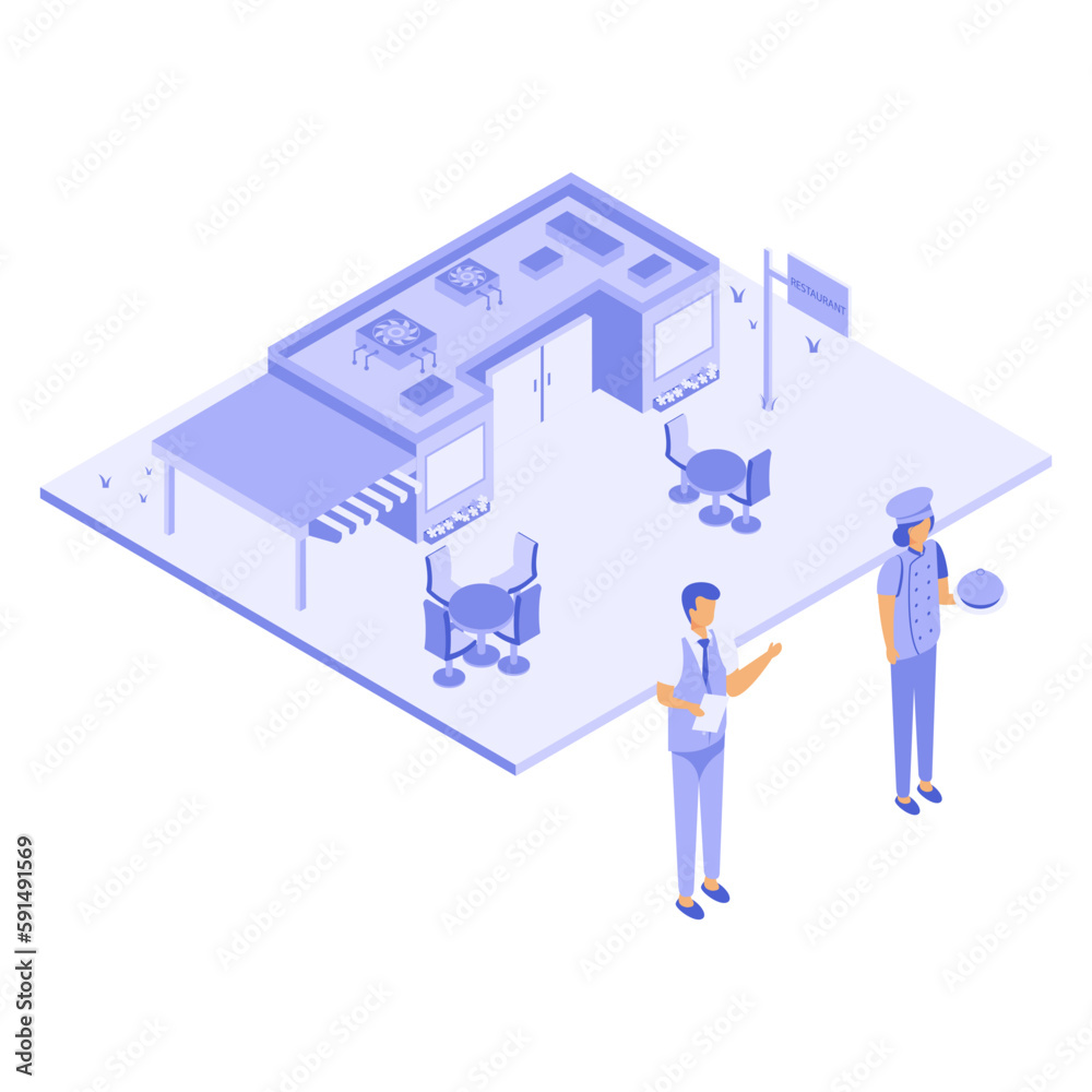 Newly opened Roadside Eatery isometric concept, Restaurant Staff Waiting for Guests vector icon design, Business Center Open symbol, Buy Operating Business Commercial Deal stock illustration 