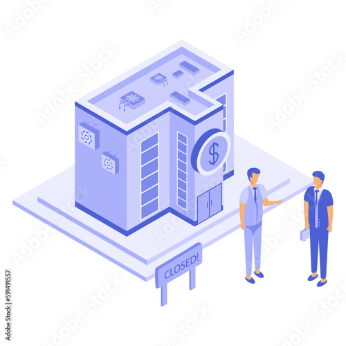 Closed Pawn Shop isometric concept, Persons standing outside of Bank vector icon design, Business Center Open symbol, Financial Partnership sign, Commercial Deal stock illustration 