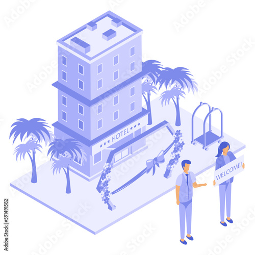 opening a new Hotel Franchise Building isometric concept, Staff is welcoming the guest vector icon design, Business Center Open symbol, Financial Partnership sign, Buy Operating Business Commercial
