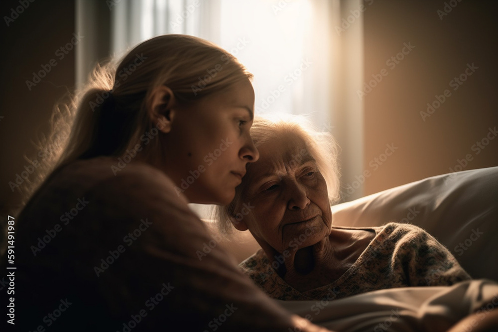 hugging a elderly woman sitting in a bed. Generative AI hugging a elderly woman sitting in a bed. Generative AI
