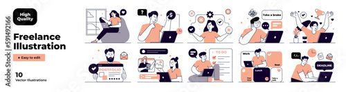 Remote Work Benefits, Limitations and Workflow Organization Concept illustrations. Collection of scenes with people organizing and improving their workflow. Vector illustration