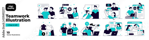 Business Teamwork illustrations. Mega set. Collection of scenes with men and women taking part in business activities. Trendy vector Illustration