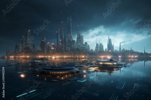 A futuristic cityscape with advanced renewable energy sources, such as geothermal or tidal power, Generative AI