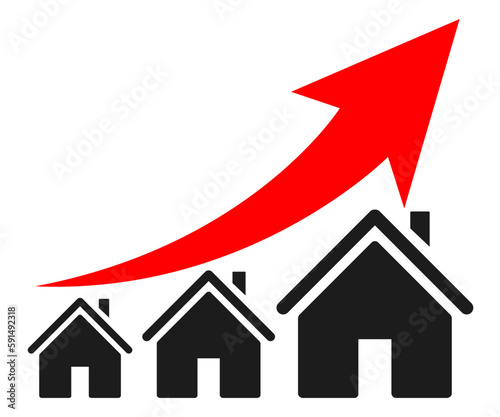 Houses with arrow up, house prices rising concept, high demand for real estate, housing boom, property market growing - vector
