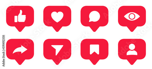 Set social media notification functional icons like, user, friend, heart, thumb up, repost, views, comment, share, save, send message, stories user button sign in speech bubble – stock vector