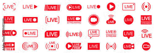 Set of live streaming icons. Set of video broadcasting and live streaming icon. Button, red symbols for TV, news, movies, shows - vector for stock