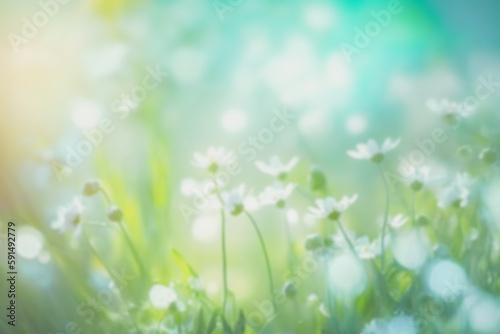 Beauty summer meadow with blooming flowers, blurred seasonal abstract backgrounds with bokeh effect. Summer flower background. Generative ai