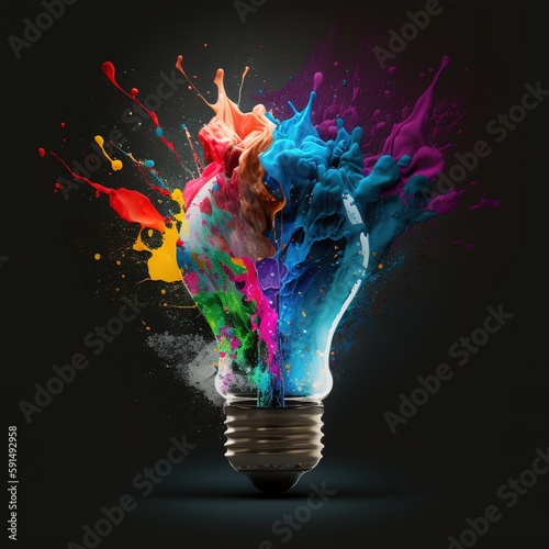 light bulb explodes with colorful paint splashes and shards of glass on a black background. Think and brainstorm. generative ai
