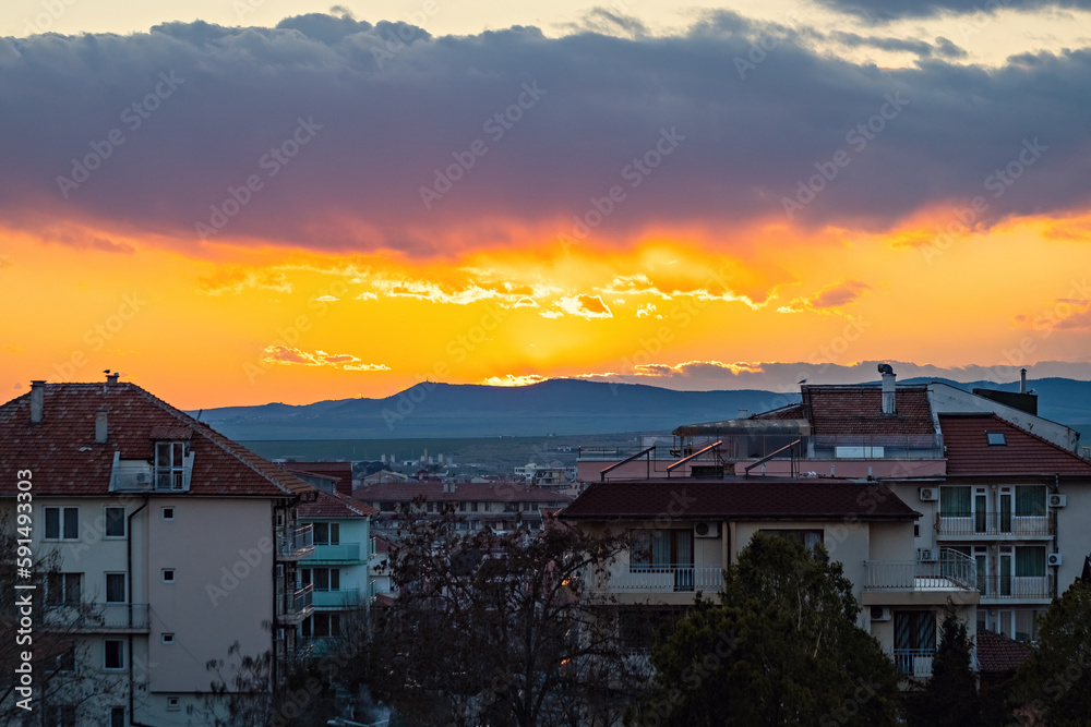 Breathtaking sunset over Nessebar New town, tile roofs and old houses in Nessebar Bulgaria Breathtaking sunset over Nessebar New town, tile roofs and old houses in Nessebar Bulgaria
