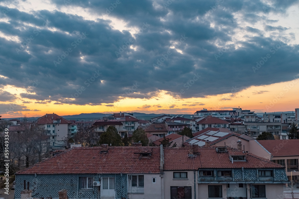 Breathtaking sunset over Nessebar New town, tile roofs and old houses in Nessebar Bulgaria