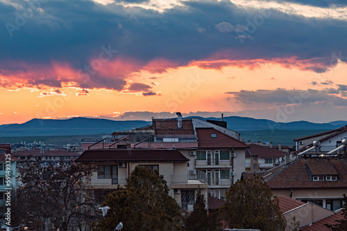 Breathtaking sunset over Nessebar New town, tile roofs and old houses in Nessebar Bulgaria
