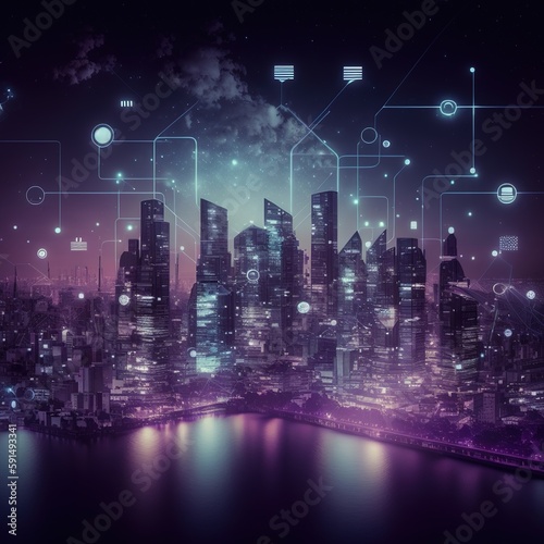 smart city and abstract line and dot connect with gradient line design, big data connection technology. generative ai