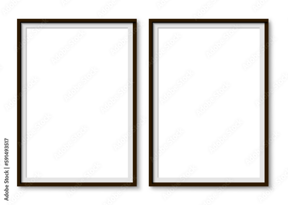 Couple picture photo frames mockup, wall presentation, black thin rectangular vertical frame with shadow, two vertical blank frame border mockup - stock vector