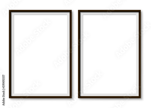 Fototapeta Naklejka Na Ścianę i Meble -  Couple picture photo frames mockup, wall presentation, black thin rectangular vertical frame with shadow, two vertical blank frame border mockup - stock vector