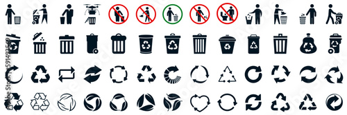 Recycle icons set, trash bin, trash can icons with man - vector