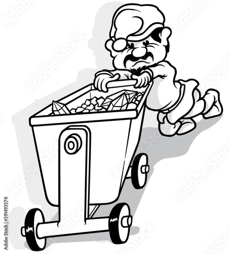 Drawing of a Dwarf Miner Pushing a Mine Cart