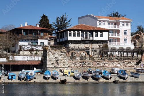 Traditional fishing boats along the coast in old Nessebar town, Bulgaria