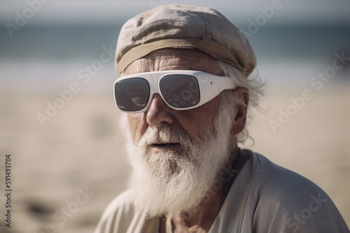 old man with VR glasses is virtually on a beach or with glasses on the beach dreams of further virtual elements. Generative AI