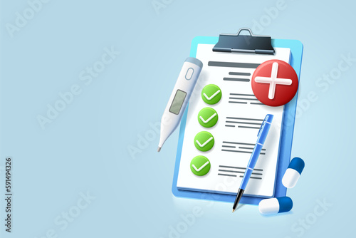 Medical clipboard communication, management service page, medical test. Vector