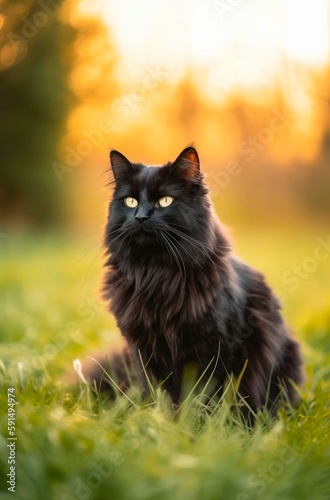 Fluffy black cat sits on the grass outdoor. Generative AI.